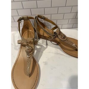 Coach Ingrid Snakeskin Embossed Leather Wedge Sandals Tan Brown Gold Turnlock 8B